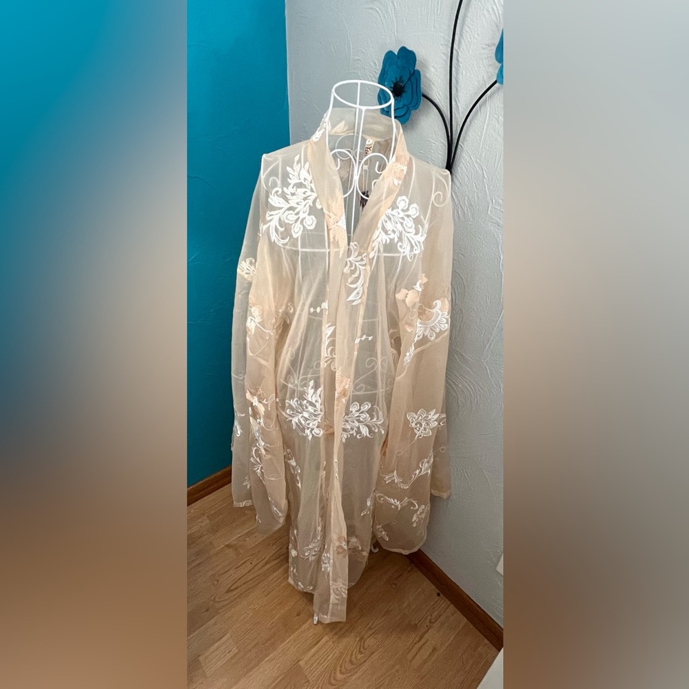 Embroidered long peach/white cover tunic